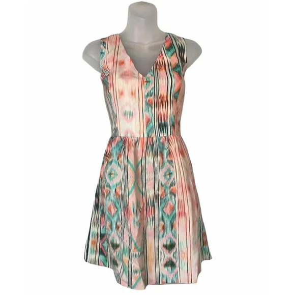 Parker Suri Pink & Green Pastel Watercolor Silk Fit & Flare Mini Dress M - Picture 1 of 9